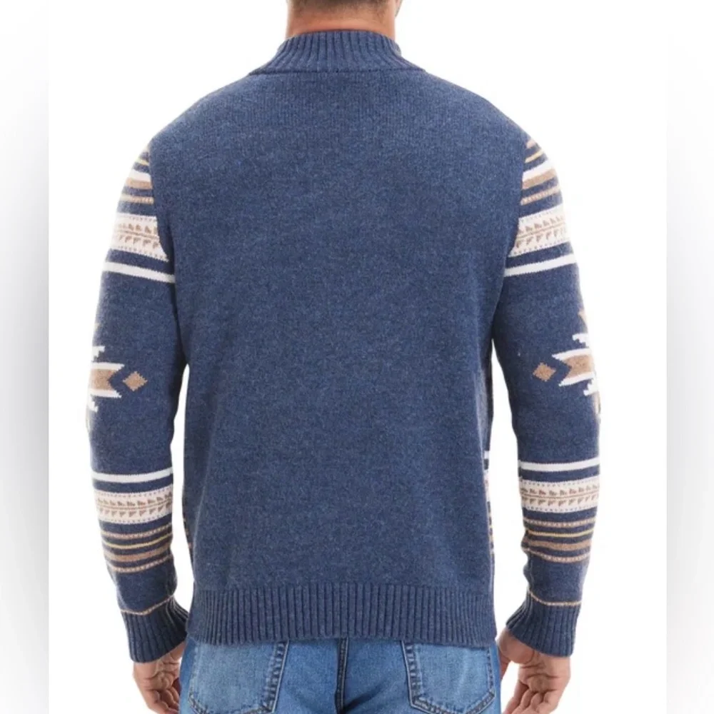 NEW! Frye Navy and Tan Patterned Zip-Up Cardigan Sweater - Picture 6 of 6